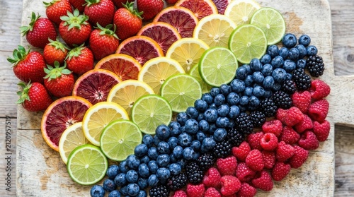 Fotografie Fresh assorted fruits arranged in a vibrant rainbow pattern on a rustic light wo