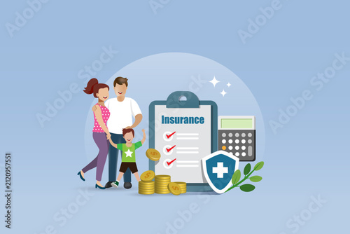 Happy family with insurance policy and medical protection shield. Medical and health insurance. vector.	