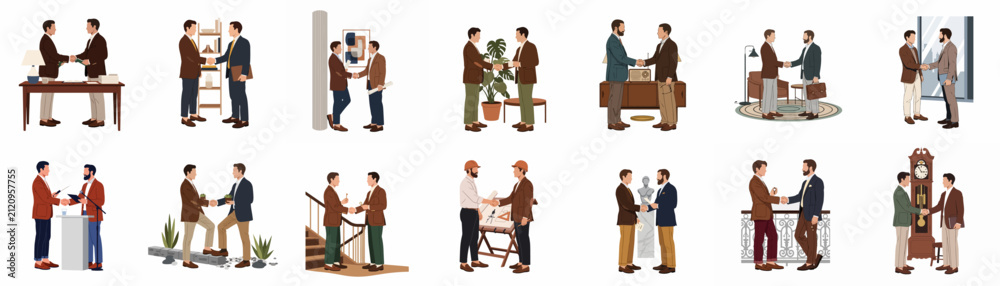 Obraz premium Flat vector illustration set of diverse businessmen shaking hands in various professional and casual settings, symbolizing partnership, agreement, and successful deals.