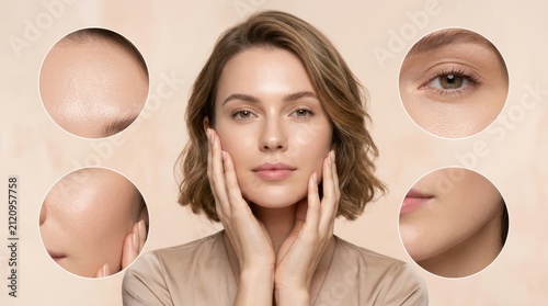 Woman face with highlighted skin problem zones and closeup sections. Concept of dermatology diagnostics, skincare analysis, aesthetic medicine, and facial treatment design. Collage