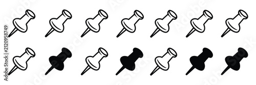 Push Pin Icon Set with Thumbtack, Map Pin, Notice Board, and Office Marker Symbols in Outline and Silhouette Styles