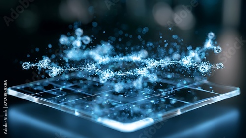 Futuristic AI drug discovery interface hologram, glowing molecular network floating above sleek digital laboratory surface
