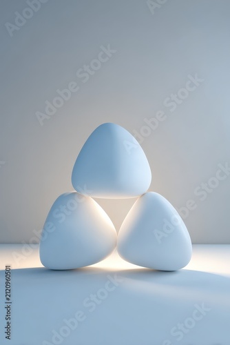 Three smooth abstract shapes form a triad with large copy space in a clean background showing modern scientific stock aesthetic
