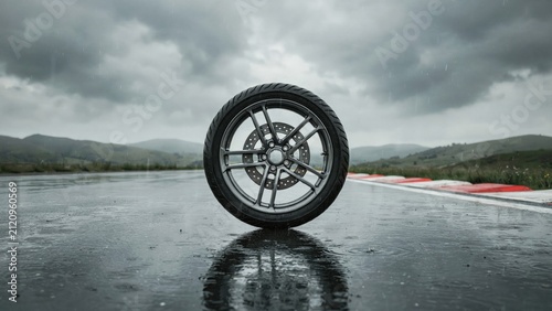 Foto Single motorcycle wheel standing upright on a rainy asphalt racetrack under dark