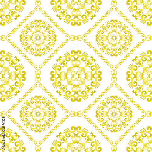 Elegant Luxury Gold Rococo Arabesque Seamless Floral Ornament Pattern with Diamond Frame Design