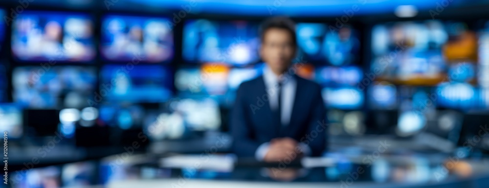 Fototapeta premium News anchor man sitting at desk with multiple monitors in the blurred background 