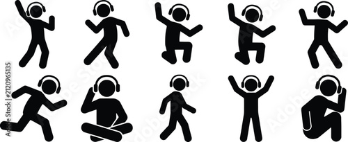 Set of black stick figure icons showing people wearing headphones while listening to music or working in office
