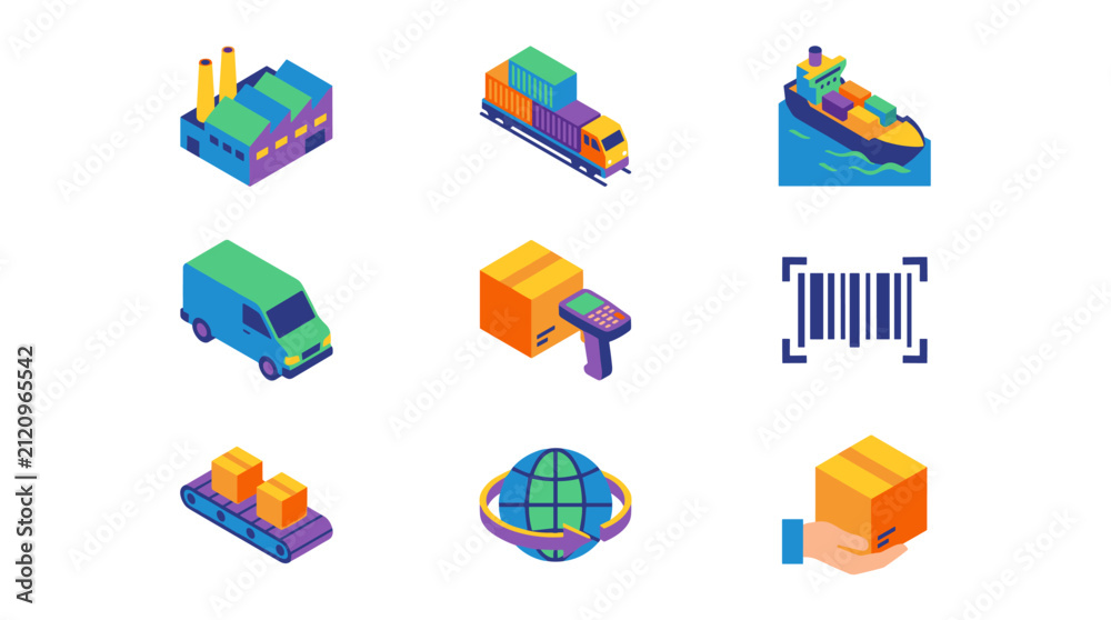 Fototapeta premium Isometric Vector Icons Set Illustrating Logistics and Shipping: Factory, Train, Ship, Van, Package Scanning, Barcode, Conveyor Belt, Global Delivery, Hand Holding Box