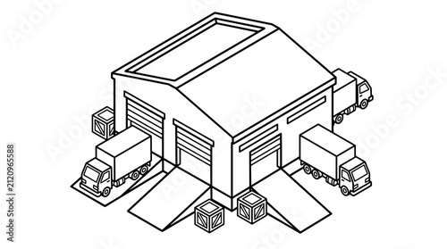 Isometric Warehouse Icon with Trucks and Crates, Black and White Line Art Illustration for Logistics and Delivery Concepts, Simple Graphic Resource