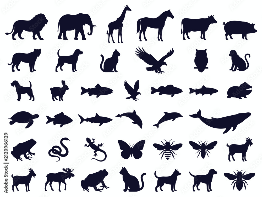 Fototapeta premium Animals Silhouettes Set - Wild Animals, Pets, Birds, Marine Life, and Reptiles Vector Icons