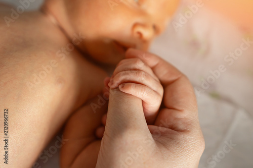 Delicate newborn baby hand clasps adult finger showing pure love and family bond between parent and child