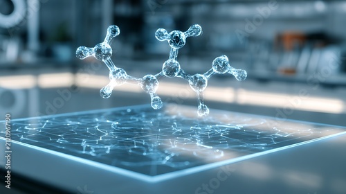 Medical AI laboratory interface, holographic molecule simulation above transparent smart lab surface