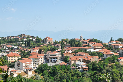 Konstfotografi Wide panoramic aerial view of Sighnaghi town cityscape with tile roofs, central