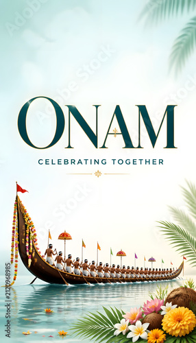 Onam celebration showcasing vertical Vallam Kali snake boat race with tropical Kerala festive cultural design