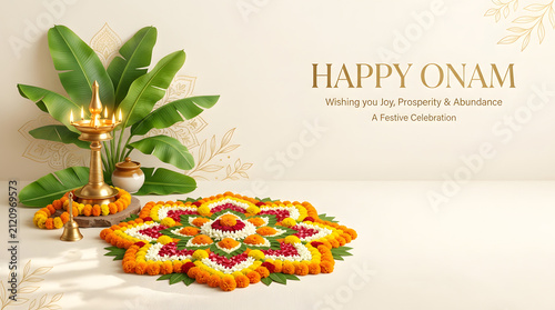Onam celebration with Nilavilakku marigold garlands and festive Pookkalam creating traditional Kerala greeting design