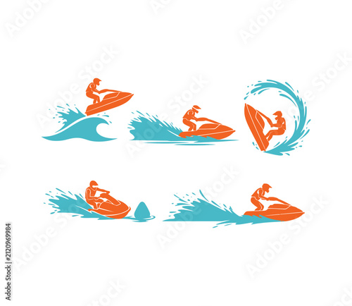 Jet Ski Action Silhouette Set and Water Sports Vector