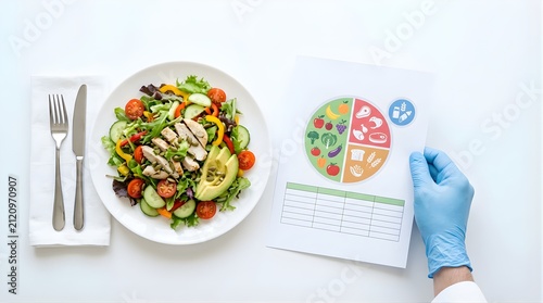 Healthy grilled chicken salad plate with medical nutrition food chart