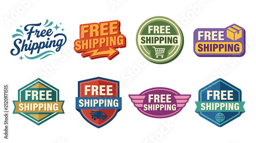 An eye-catching collection of promotional badges for 'Free Shipping,' emphasizing accessibility and customer-centric services across various industries.