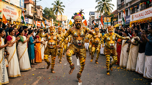 Onam celebration energetic Pulikali troupe performing traditional Kerala tiger dance in festive street design