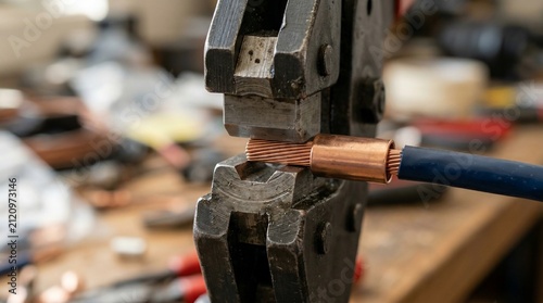 Heavy duty industrial crimping tool pressing copper terminal onto thick electrical power cable in workshop.