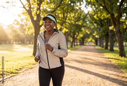 Active senior Black woman jogging in park at sunrise, healthy aging and fitness lifestyle