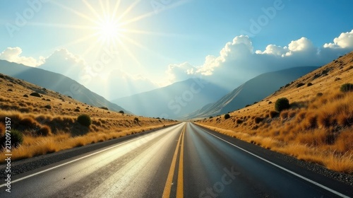 Asphalt road stretching towards sunlit mountain peaks, a journey of open road and scenic landscape under a bright summer sky