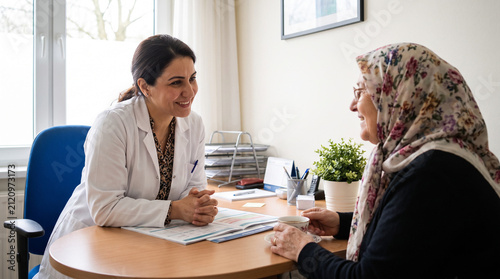 Friendly Middle Eastern Female Doctor Smiling with Elderly Patient During Consultation in Clinic