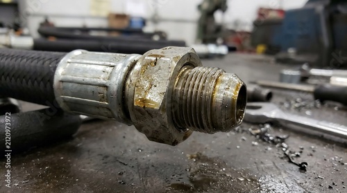 Hydraulic hose fitting with metallic connector on workbench.