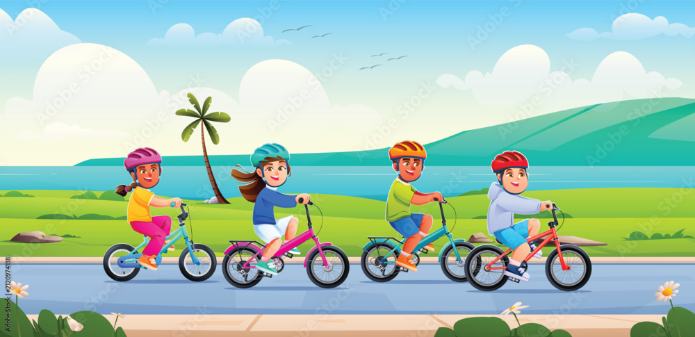 Fototapeta premium Group of happy children riding bikes together on a coastal road near the sea. Vector cartoon illustration
