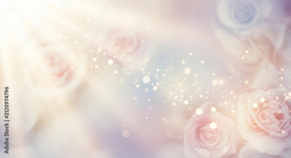 Fototapeta premium Dreamy ethereal rose background with sunbeams, soft pastel floral bokeh texture, romantic wedding flowers with glowing light leaks