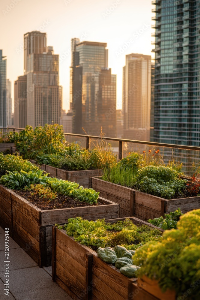 Fototapeta premium Rooftop garden with raised beds growing vegetables and herbs in a city setting during sunset hours near tall buildings