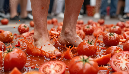 Dynamic low-angle view of bare feet kicking through a thick layer of smashed tomatoes, red juice splashing dramatically in every direction during La Tomatina festival, realistic motion freeze