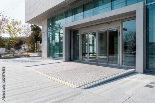 Modern office entrance with ramp and automatic doors in a busy urban area during daylight hours for easy access
