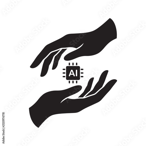 Minimalist black silhouette of two human hands facing each other one hand reaching down and the other reaching up, a simple AI microchip icon floating between the hands 