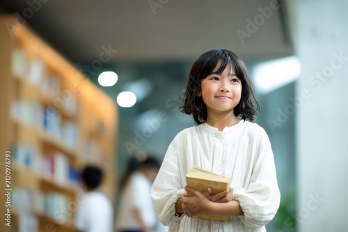 Obraz na płótnie 本を抱えて図書館を歩く笑顔の少女