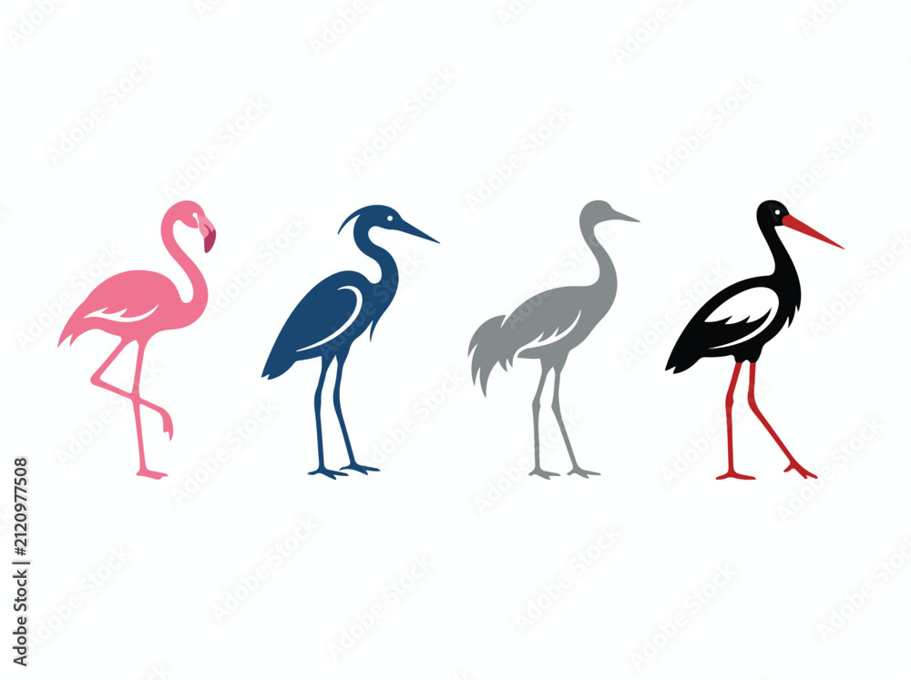 Fototapeta premium Set of four colorful flamingo illustrations in pink blue gray and black with red beaks and long legs