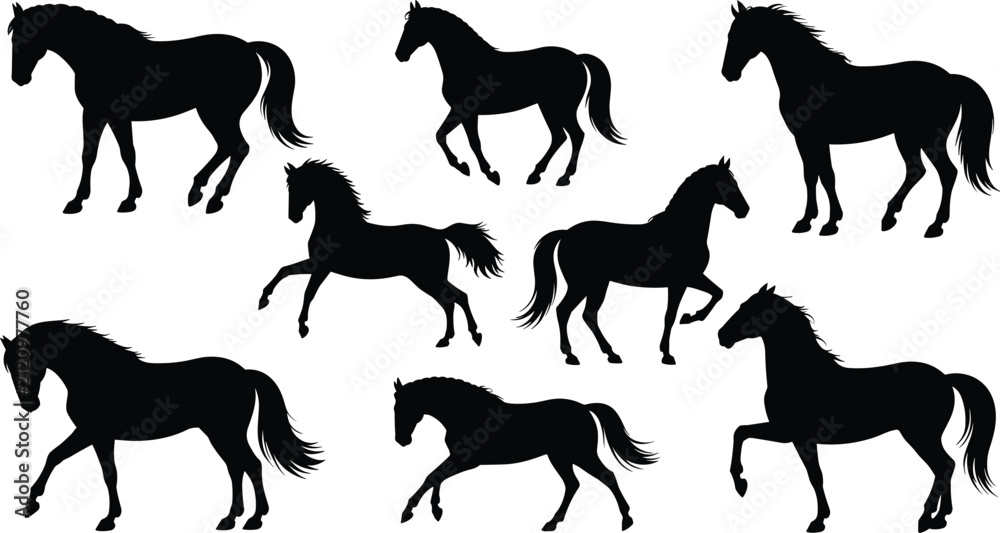 Fototapeta premium Horse Silhouette Collection with Running Walking and Standing Equine Vector Set