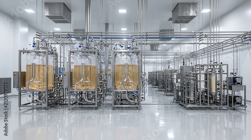 Industrial food processing facility with large stainless steel mixing tanks, processing