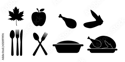 Thanksgiving Icon Set Black Silhouette Turkey Pie Maple Leaf Vector