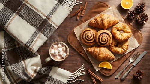 Assorted pastries with hot chocolate and plaid blanket.