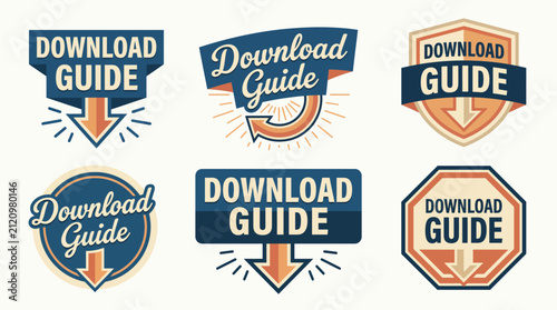 This image showcases a collection of visually appealing Download Guide badges designed to attract attention to digital content, highlighting its accessibility and user-friendliness.
