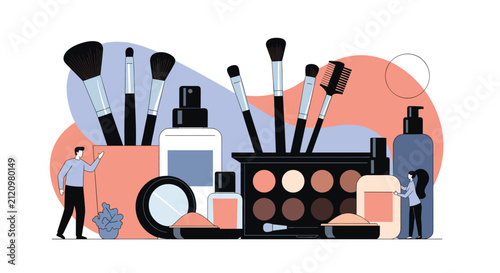 Stylish arrangement of makeup brushes, eye shadow palettes, and various beauty product bottles with tiny people interacting in the scene.