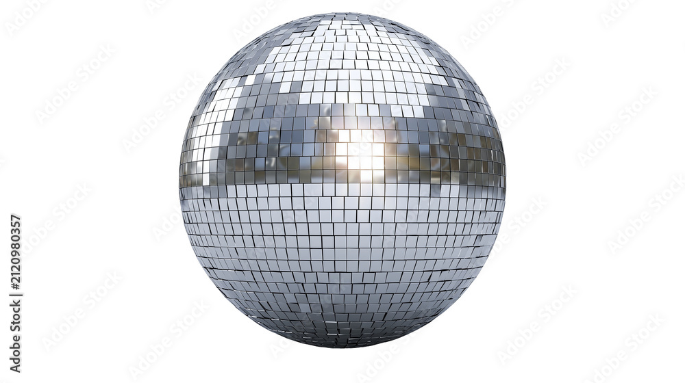 Fototapeta premium Shiny silver disco ball covered in small square mirrors, isolated on transparent background