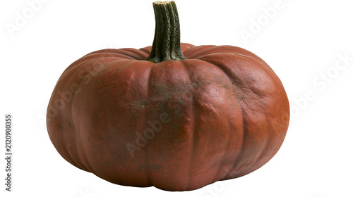 Foto Round deep red pumpkin with textured skin and thick stem, isolated on transparen