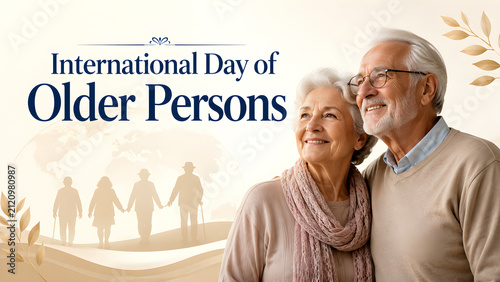 Happy senior couple celebrating the International Day of Older Persons with a commemorative graphic design.