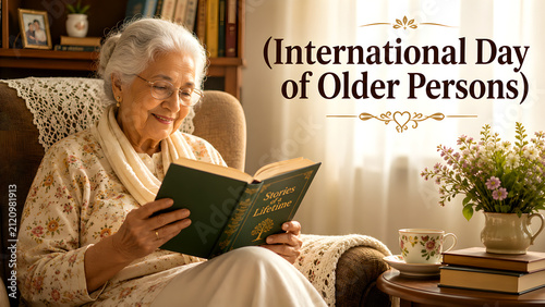 An elderly woman smiling while reading a book at home for the International Day of Older Persons.
