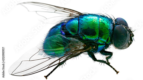 Obraz na płótnie Iridescent green and blue metallic fly with transparent wings, isolated on trans