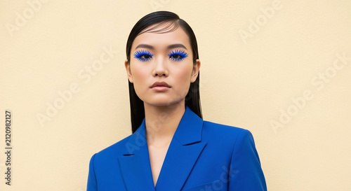 Asian Fashion Model with Creative Blue Cosmetic Makeup Portrait