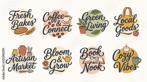 A set of charming and elegant logos that promote local artisans and goods markets, focusing on community, sustainability, and the celebration of local creativity and craftsmanship.