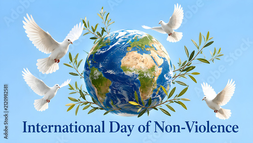 International Day of Non-Violence concept with planet Earth and white doves of peace.